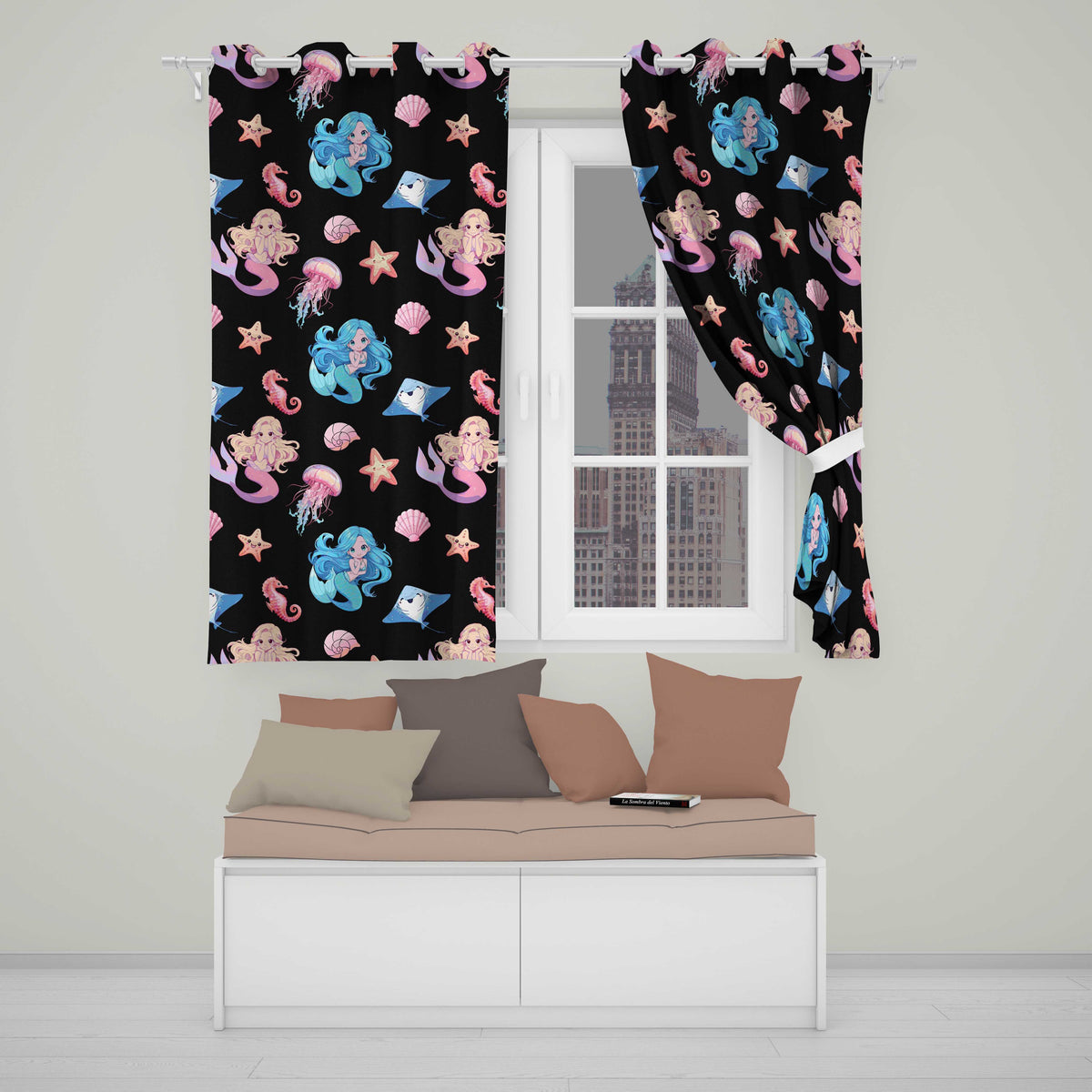 Cute Blue Hair Mermaid Jellyfish Seahorse on Black Background Seamless Pattern  Readymade Eyelet Ring Top Thermal 100% Blackout Curtains