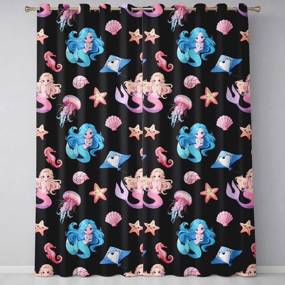 Cute Blue Hair Mermaid Jellyfish Seahorse on Black Background Seamless Pattern  Readymade Eyelet Ring Top Thermal 100% Blackout Curtains