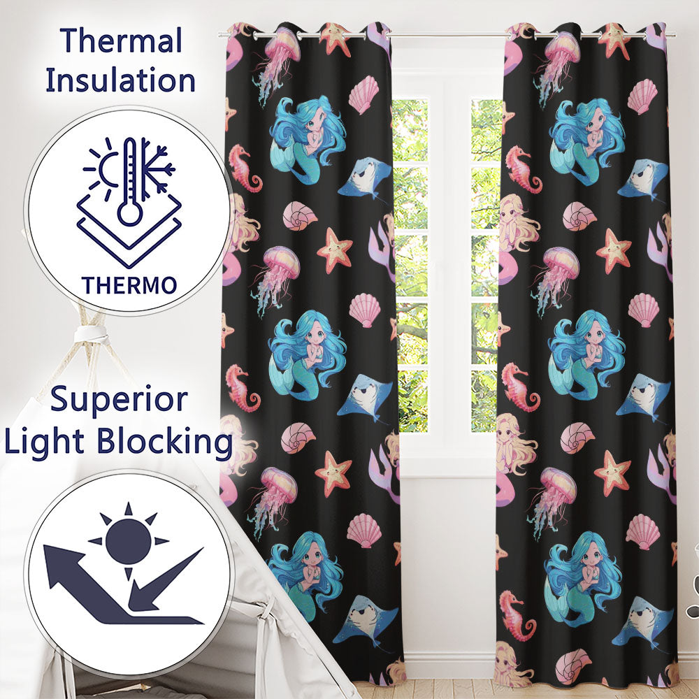 Cute Blue Hair Mermaid Jellyfish Seahorse on Black Background Seamless Pattern  Readymade Eyelet Ring Top Thermal 100% Blackout Curtains