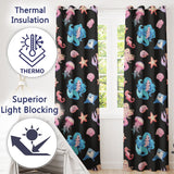 Cute Blue Hair Mermaid Jellyfish Seahorse on Black Background Seamless Pattern  Readymade Eyelet Ring Top Thermal 100% Blackout Curtains