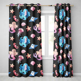 Cute Blue Hair Mermaid Jellyfish Seahorse on Black Background Seamless Pattern  Readymade Eyelet Ring Top Thermal 100% Blackout Curtains