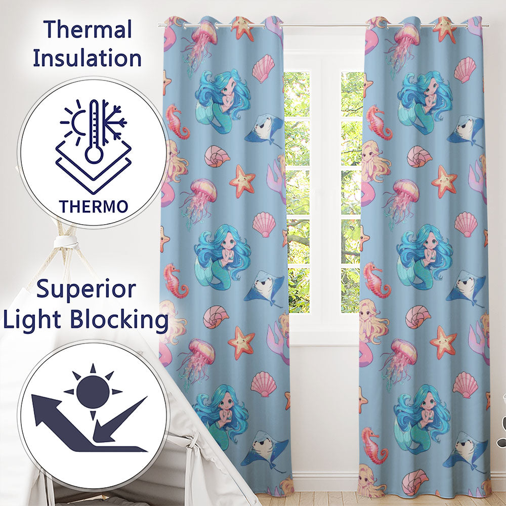 Cute Blue Hair Mermaid Jellyfish Seahorse Light Blue Background  Pattern  Readymade Eyelet Ring Top Thermal 100% Blackout Curtains