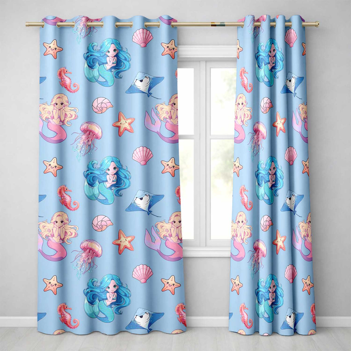 Cute Blue Hair Mermaid Jellyfish Seahorse Light Blue Background  Pattern  Readymade Eyelet Ring Top Thermal 100% Blackout Curtains
