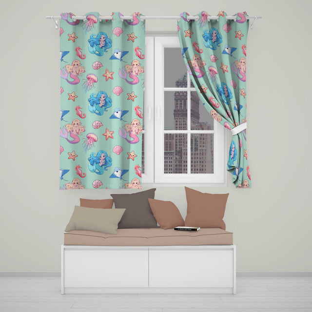 Cute Blue Hair Mermaid Jellyfish Seahorse Mint Background Seamless Pattern  Readymade Eyelet Ring Top Thermal 100% Blackout Curtains