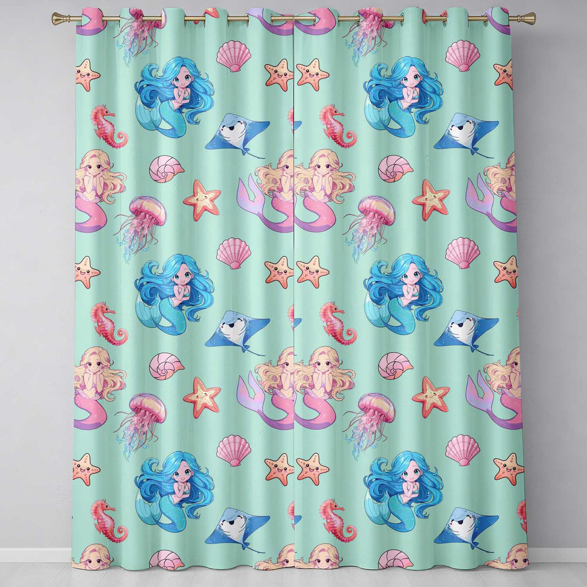 Cute Blue Hair Mermaid Jellyfish Seahorse Mint Background Seamless Pattern  Readymade Eyelet Ring Top Thermal 100% Blackout Curtains