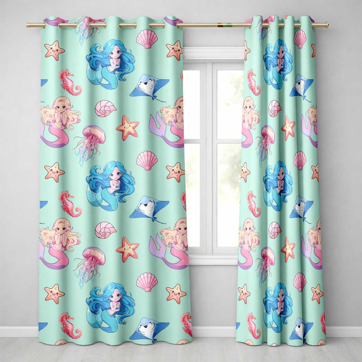 Cute Blue Hair Mermaid Jellyfish Seahorse Mint Background Seamless Pattern  Readymade Eyelet Ring Top Thermal 100% Blackout Curtains