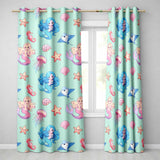 Cute Blue Hair Mermaid Jellyfish Seahorse Mint Background Seamless Pattern  Readymade Eyelet Ring Top Thermal 100% Blackout Curtains