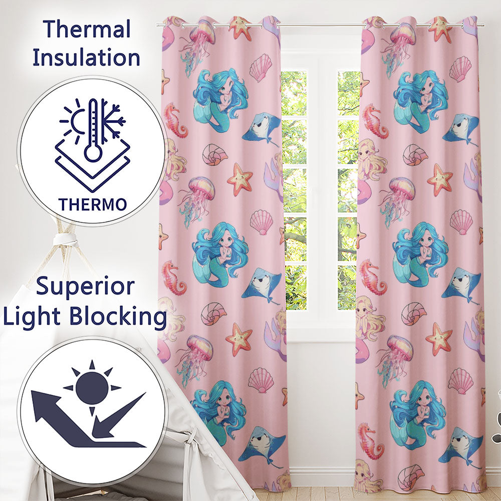 Cute Blue Hair Mermaid Jellyfish Seahorse Soft Pink Background Seamless Pattern  Readymade Eyelet Ring Top Thermal 100% Blackout Curtains