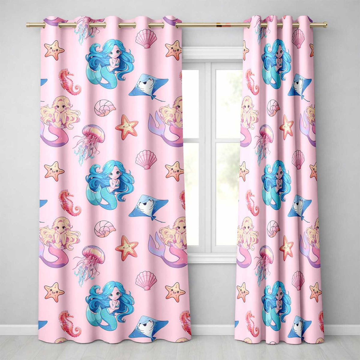 Cute Blue Hair Mermaid Jellyfish Seahorse Soft Pink Background Seamless Pattern  Readymade Eyelet Ring Top Thermal 100% Blackout Curtains