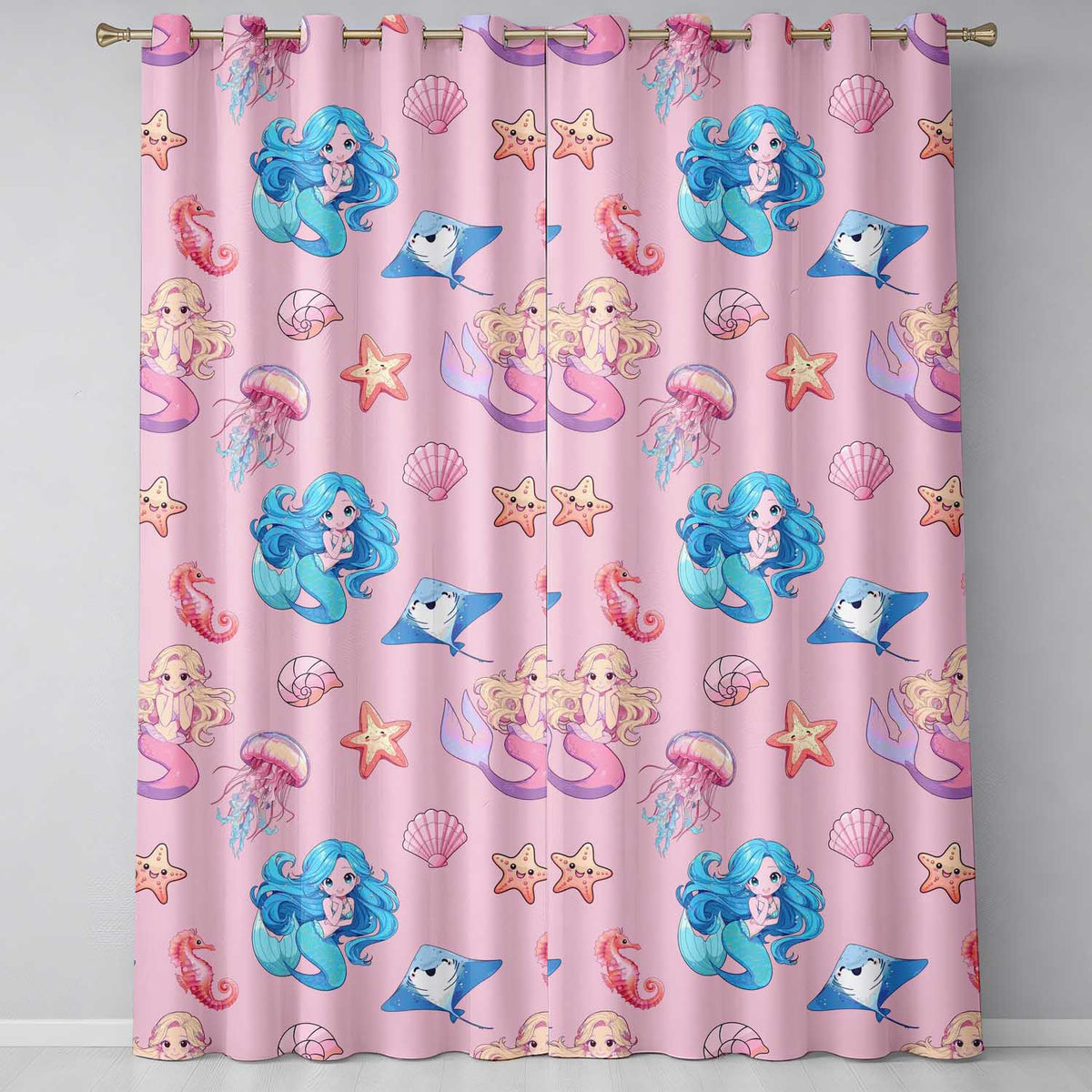 Cute Blue Mermaid Jellyfish Seahorse and Ocean Creatures Soft Pink Background   Readymade Eyelet Ring Top Thermal 100% Blackout Curtains