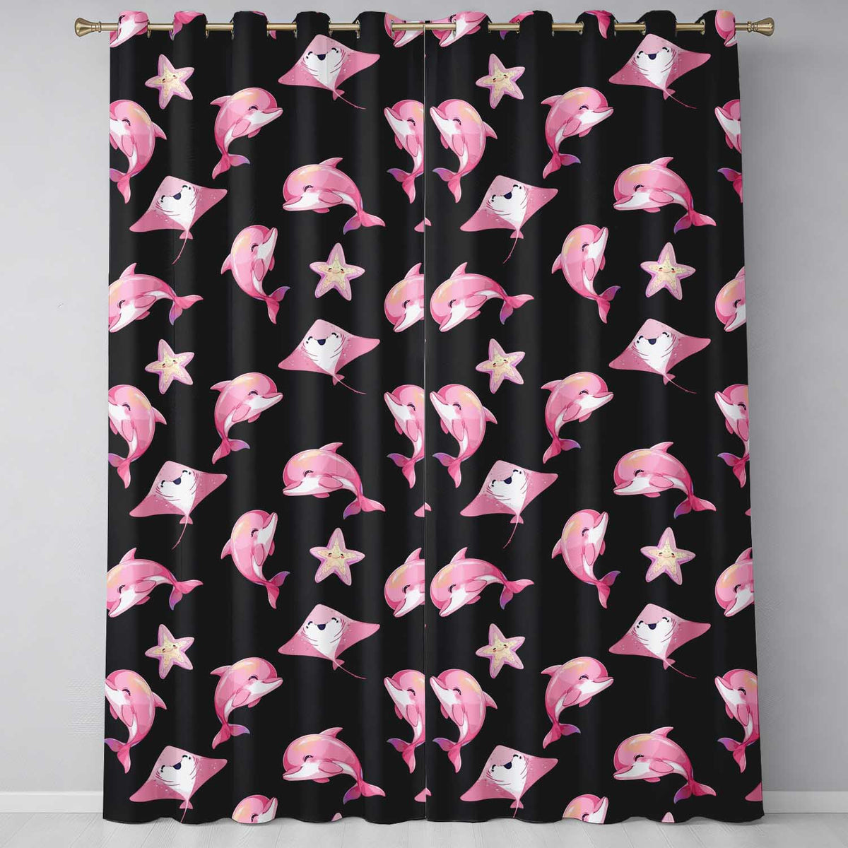 Cute Pink Dolphin Stingray Starfish Ocean Creatures Black Background  Pattern  Readymade Eyelet Ring Top Thermal 100% Blackout Curtains
