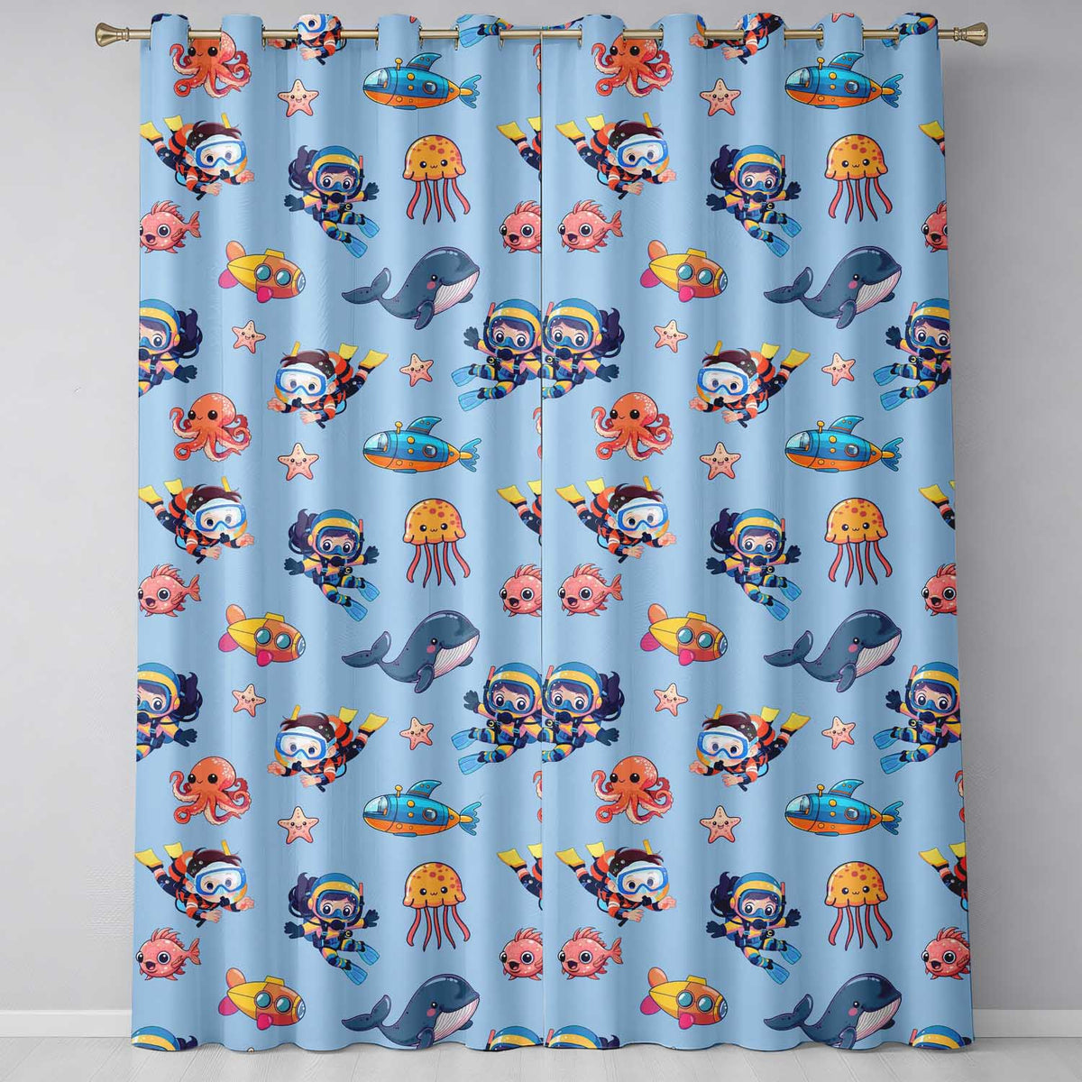 Kids Scuba Divers Submarine Jellyfish Ocean Animals Blue Background   Readymade Eyelet Ring Top Thermal 100% Blackout Curtains
