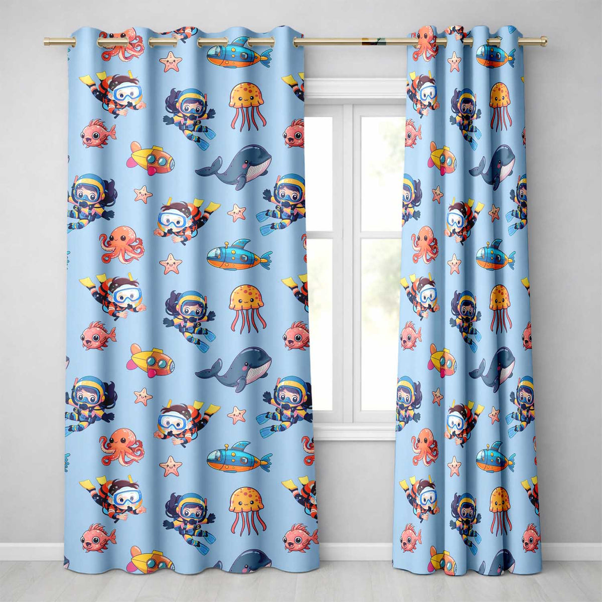 Kids Scuba Divers Submarine Jellyfish Ocean Animals Blue Background   Readymade Eyelet Ring Top Thermal 100% Blackout Curtains