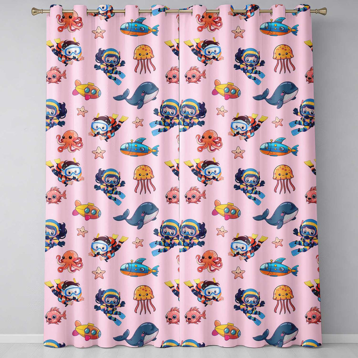 Kids Scuba Divers Submarine Jellyfish Ocean Animals Soft Pink Background   Readymade Eyelet Ring Top Thermal 100% Blackout Curtains