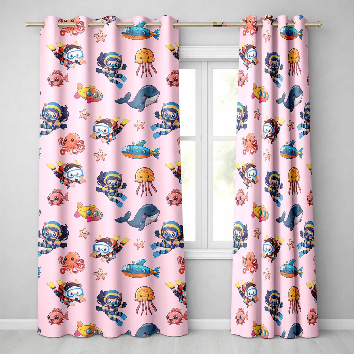 Kids Scuba Divers Submarine Jellyfish Ocean Animals Soft Pink Background   Readymade Eyelet Ring Top Thermal 100% Blackout Curtains