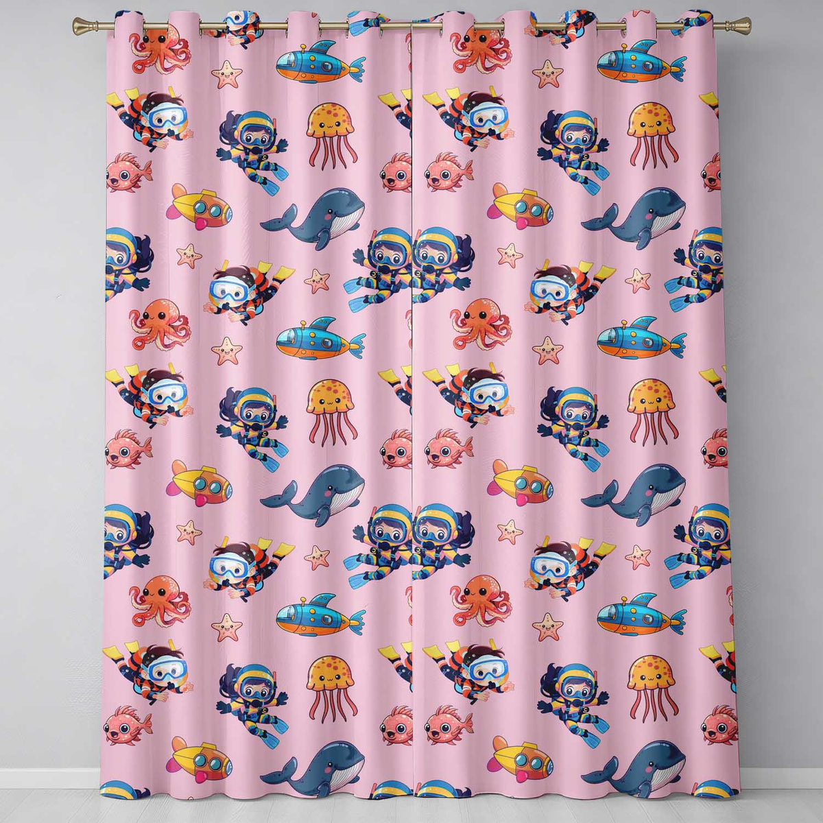 Kids Scuba Divers Submarine Jellyfish Ocean Animals Rose Pink Background   Readymade Eyelet Ring Top Thermal 100% Blackout Curtains