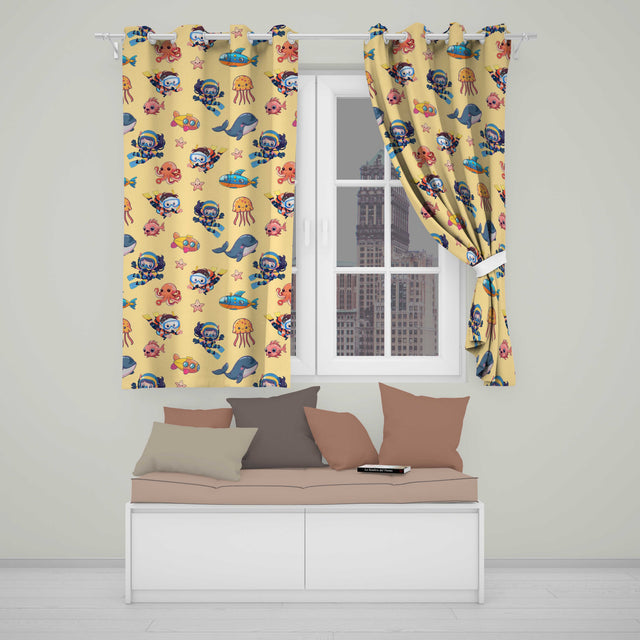 Kids Scuba Divers Submarine Jellyfish Ocean Animals Warm Beige Background   Readymade Eyelet Ring Top Thermal 100% Blackout Curtains