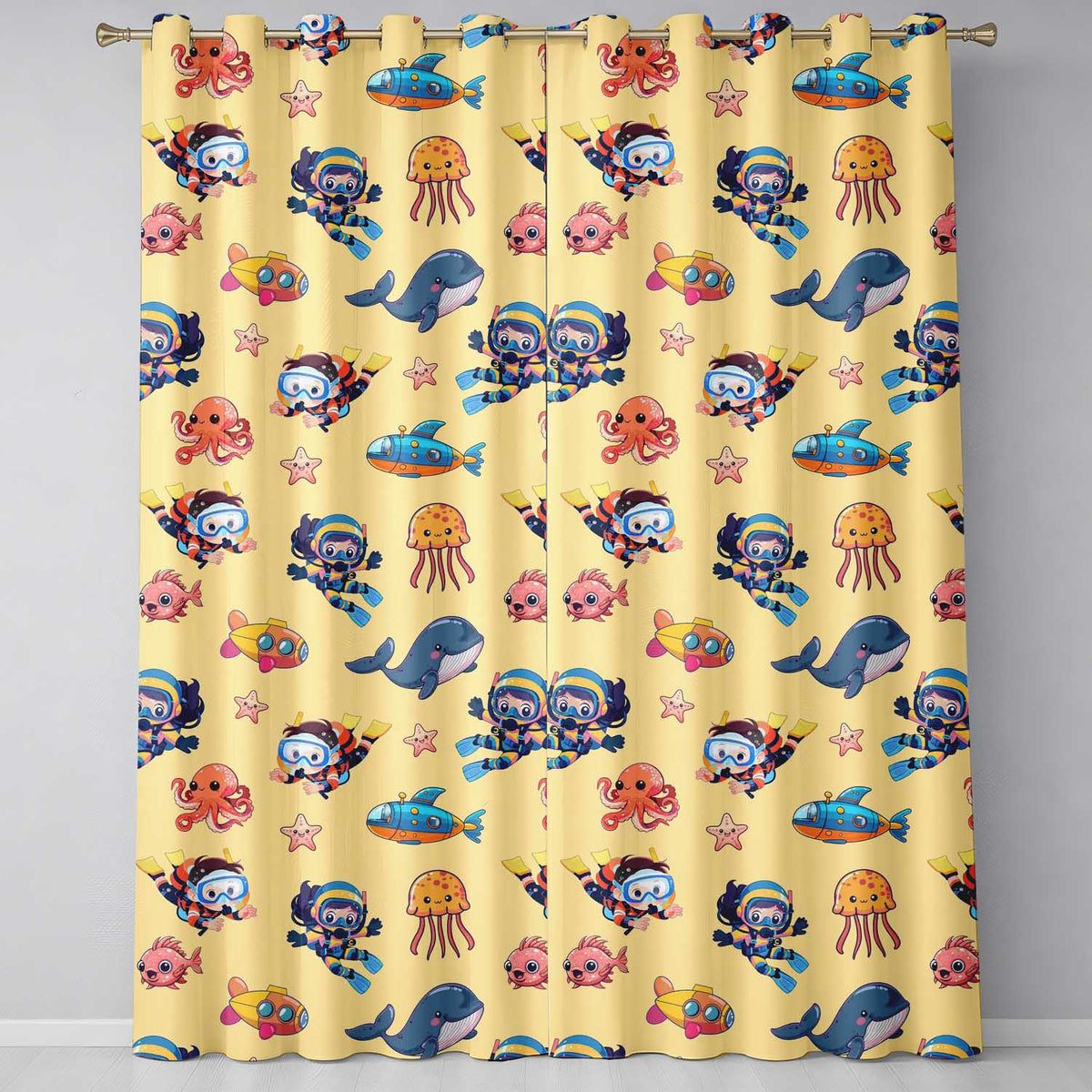 Kids Scuba Divers Submarine Jellyfish Ocean Animals Warm Beige Background   Readymade Eyelet Ring Top Thermal 100% Blackout Curtains