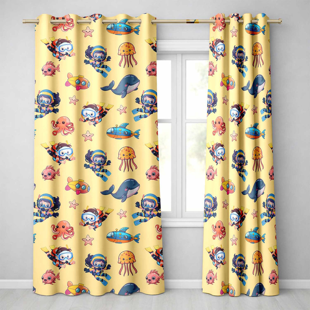 Kids Scuba Divers Submarine Jellyfish Ocean Animals Warm Beige Background   Readymade Eyelet Ring Top Thermal 100% Blackout Curtains