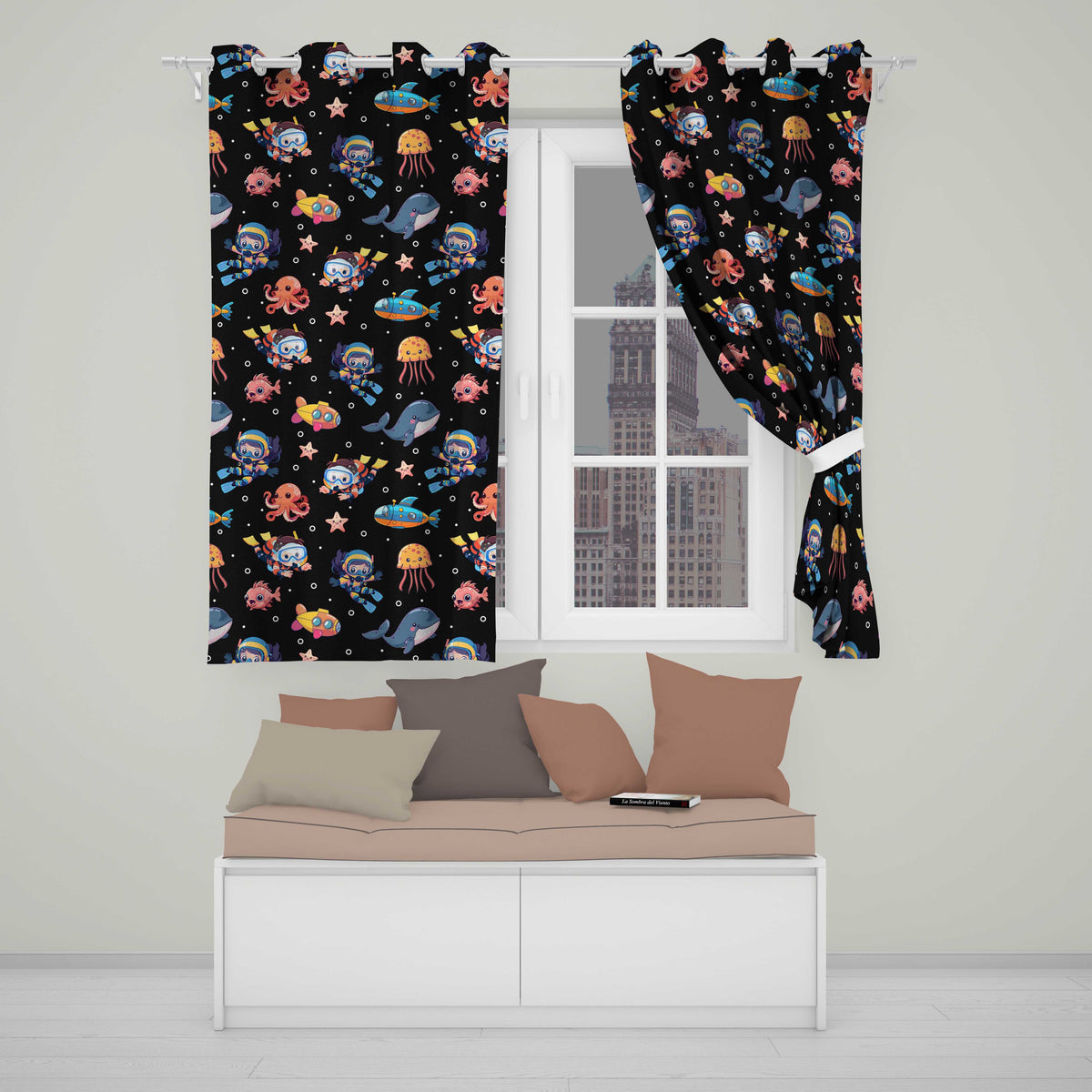 Kid Scuba Diver Submarine Jellyfish Ocean Animals Deep Black Bubble Background  Readymade Eyelet Ring Top Thermal 100% Blackout Curtains