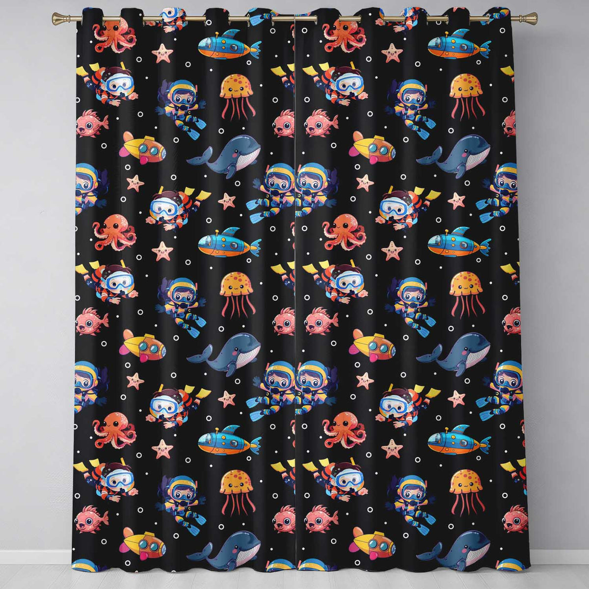 Kid Scuba Diver Submarine Jellyfish Ocean Animals Deep Black Bubble Background  Readymade Eyelet Ring Top Thermal 100% Blackout Curtains