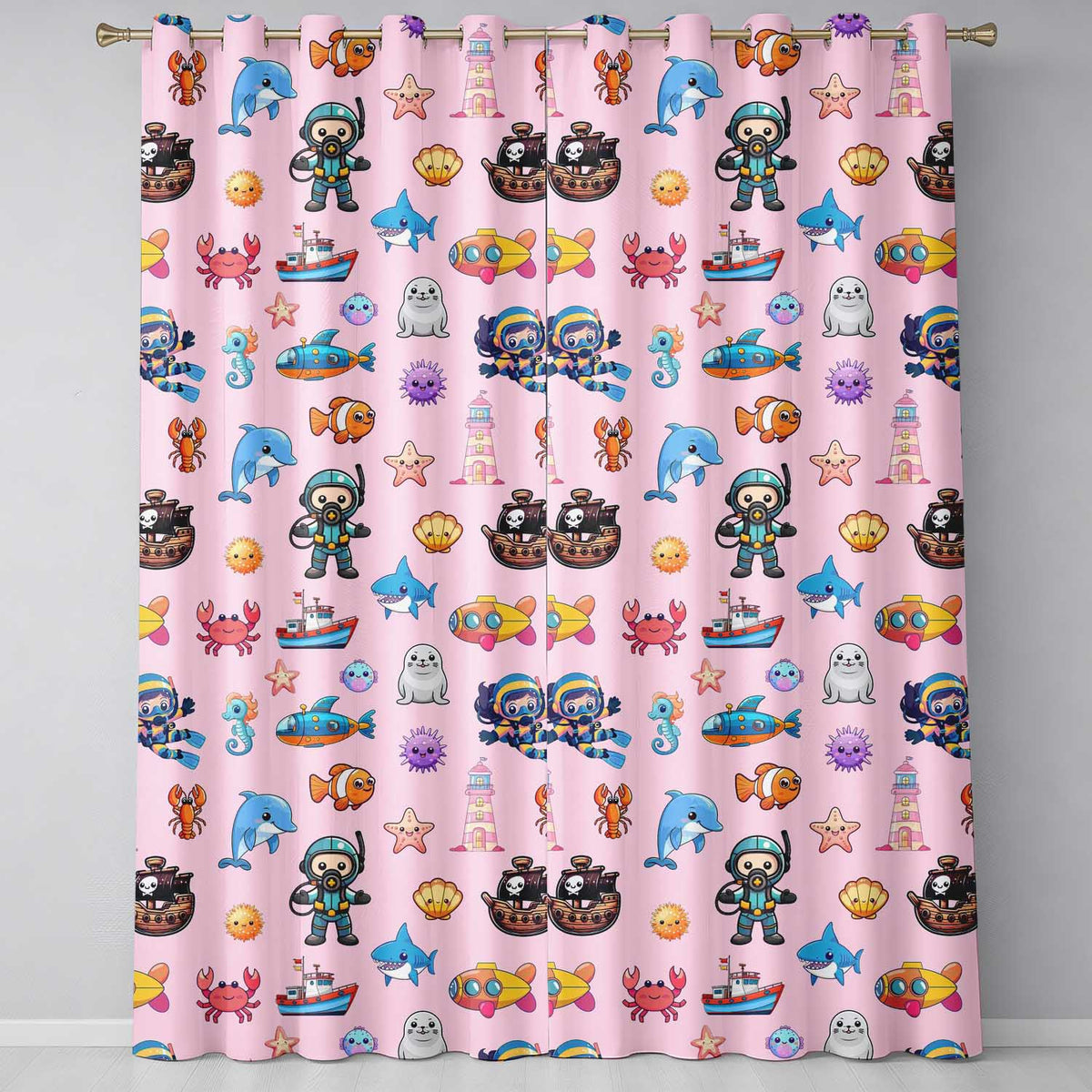 Cartoon Sea Animal Diver Dolphin Shark Boat Lighthouse Soft Pink Background  Readymade Eyelet Ring Top Thermal 100% Blackout Curtains