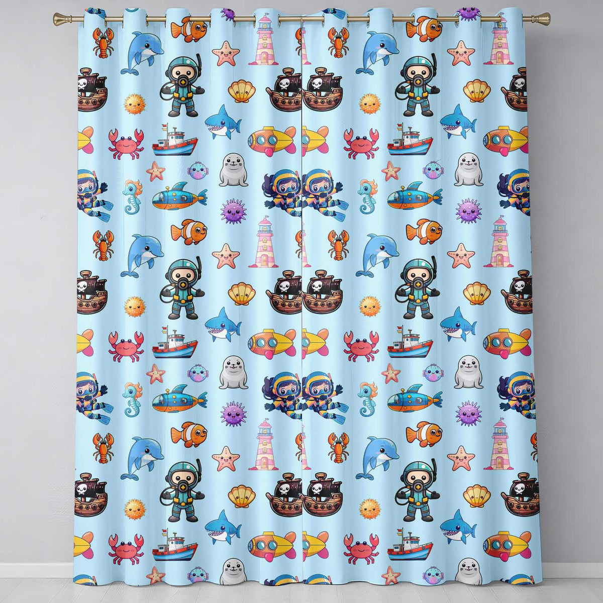 Cartoon Sea Animals Diver Dolphin Shark Boat Lighthouse Light Blue Background  Readymade Eyelet Ring Top Thermal 100% Blackout Curtains