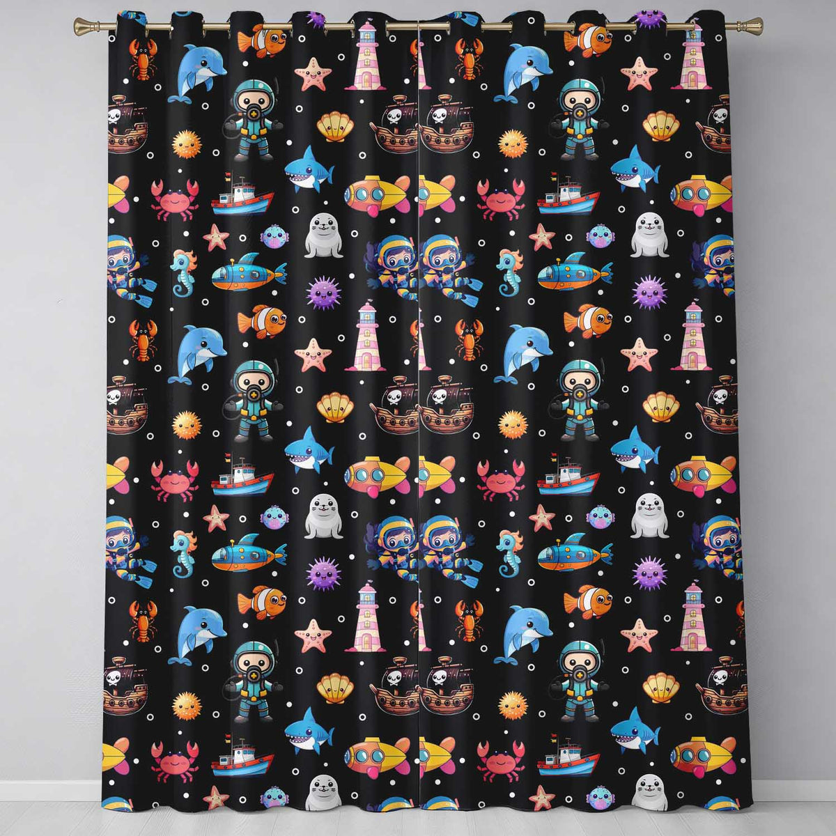 Cartoon Sea Animals Diver Dolphin Shark  Lighthouse Black Bubble Background   Readymade Eyelet Ring Top Thermal 100% Blackout Curtains