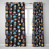 Cartoon Sea Animals Diver Dolphin Shark  Lighthouse Black Bubble Background   Readymade Eyelet Ring Top Thermal 100% Blackout Curtains