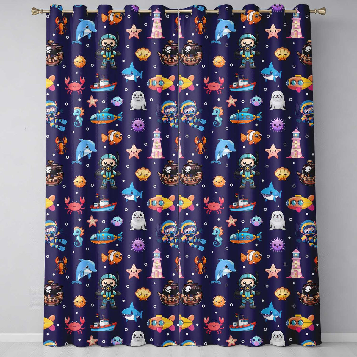 Cartoon Sea Animals Diver Dolphin Shark Crab Boat Purple Bubble Background  Readymade Eyelet Ring Top Thermal 100% Blackout Curtains