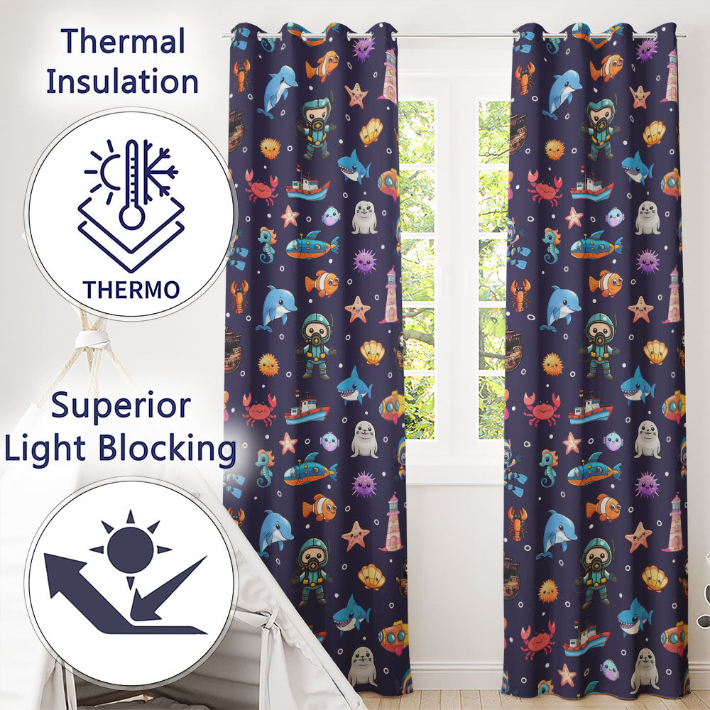 Cartoon Sea Animals Diver Dolphin Shark Crab Boat Purple Bubble Background  Readymade Eyelet Ring Top Thermal 100% Blackout Curtains