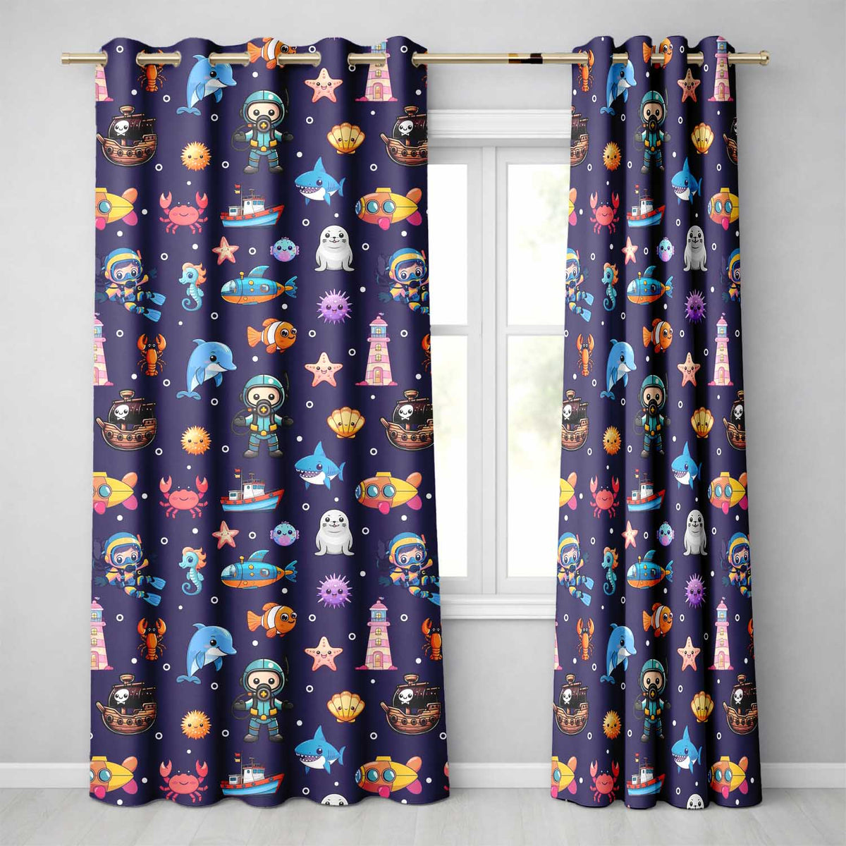 Cartoon Sea Animals Diver Dolphin Shark Crab Boat Purple Bubble Background  Readymade Eyelet Ring Top Thermal 100% Blackout Curtains