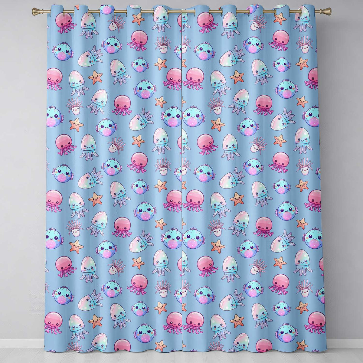 Kawaii Jellyfish Puffer Fish Starfish Pastel Ocean Creatures Blue Background   Readymade Eyelet Ring Top Thermal 100% Blackout Curtains