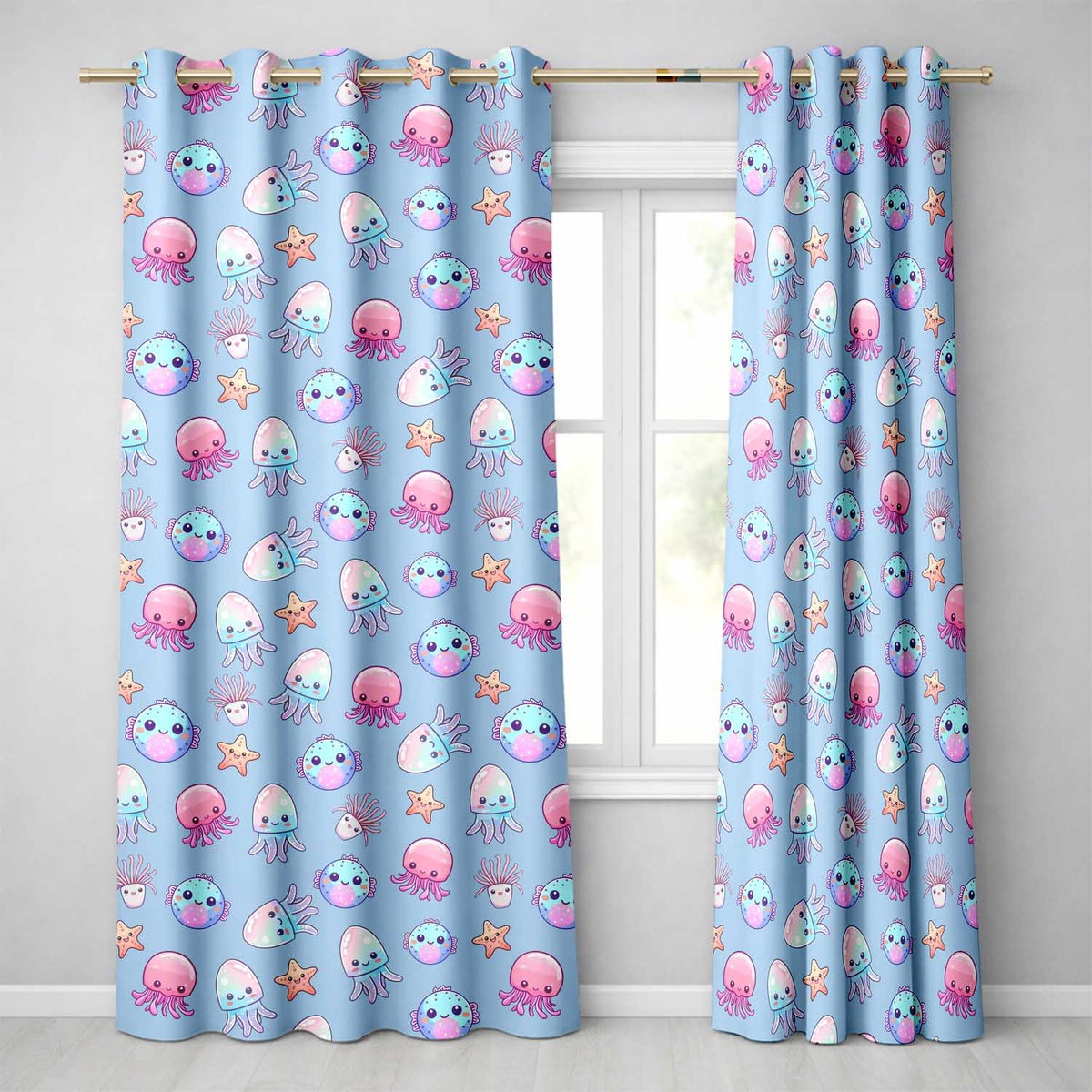Kawaii Jellyfish Puffer Fish Starfish Pastel Ocean Creatures Blue Background   Readymade Eyelet Ring Top Thermal 100% Blackout Curtains