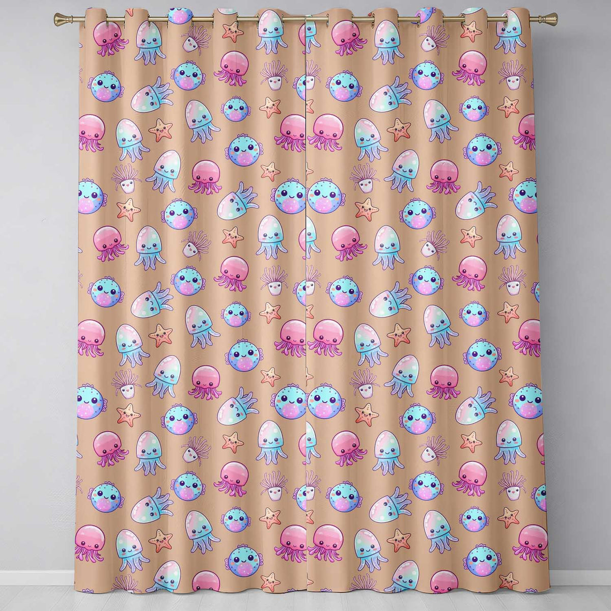 Kawaii Jellyfish Puffer Fish Starfish Pastel Ocean Creatures Peach Background  Readymade Eyelet Ring Top Thermal 100% Blackout Curtains