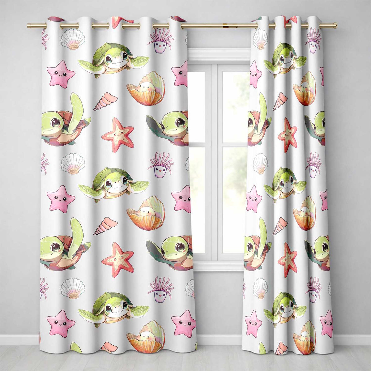 Cute Kawaii Sea Turtle Starfish Shells Ocean Friends Cream Background  Pattern  Readymade Eyelet Ring Top Thermal 100% Blackout Curtains