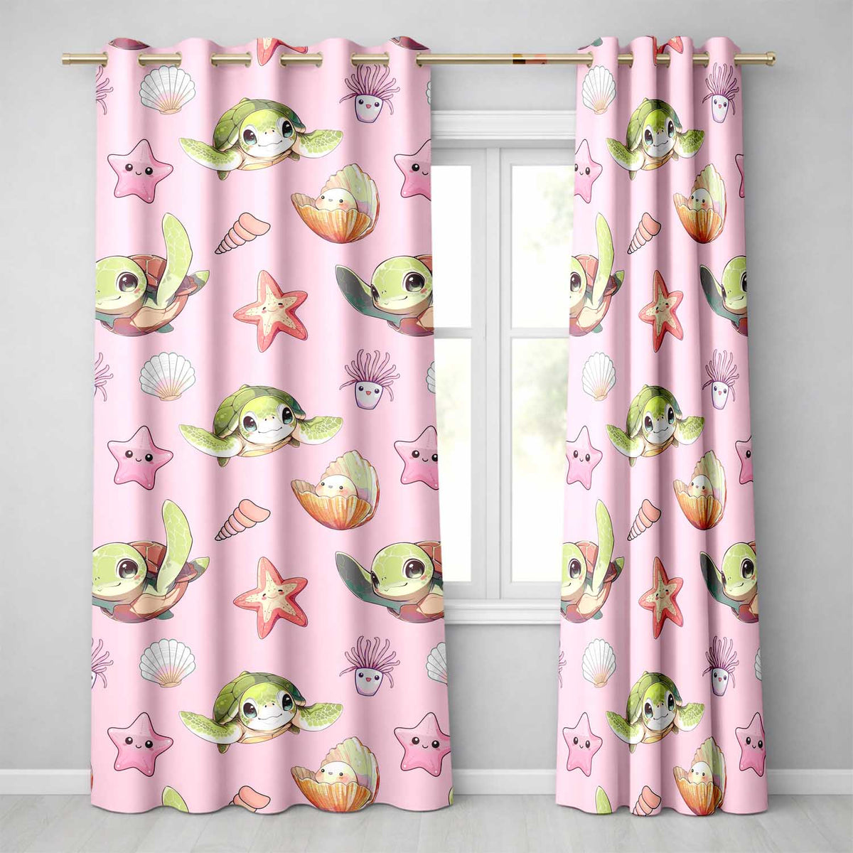 Cute Kawaii Sea Turtle Starfish Shells Ocean Friends Blush Background  Pattern  Readymade Eyelet Ring Top Thermal 100% Blackout Curtains
