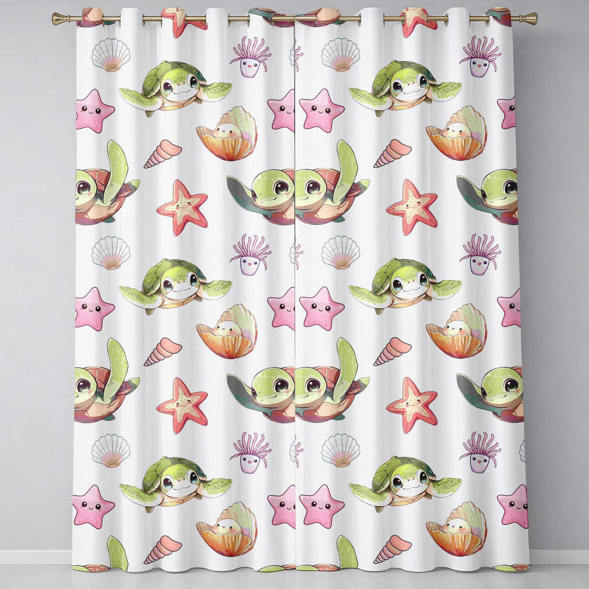 Cute Kawaii Sea Turtle Starfish Shells Ocean Friends Light Grey Background   Readymade Eyelet Ring Top Thermal 100% Blackout Curtains