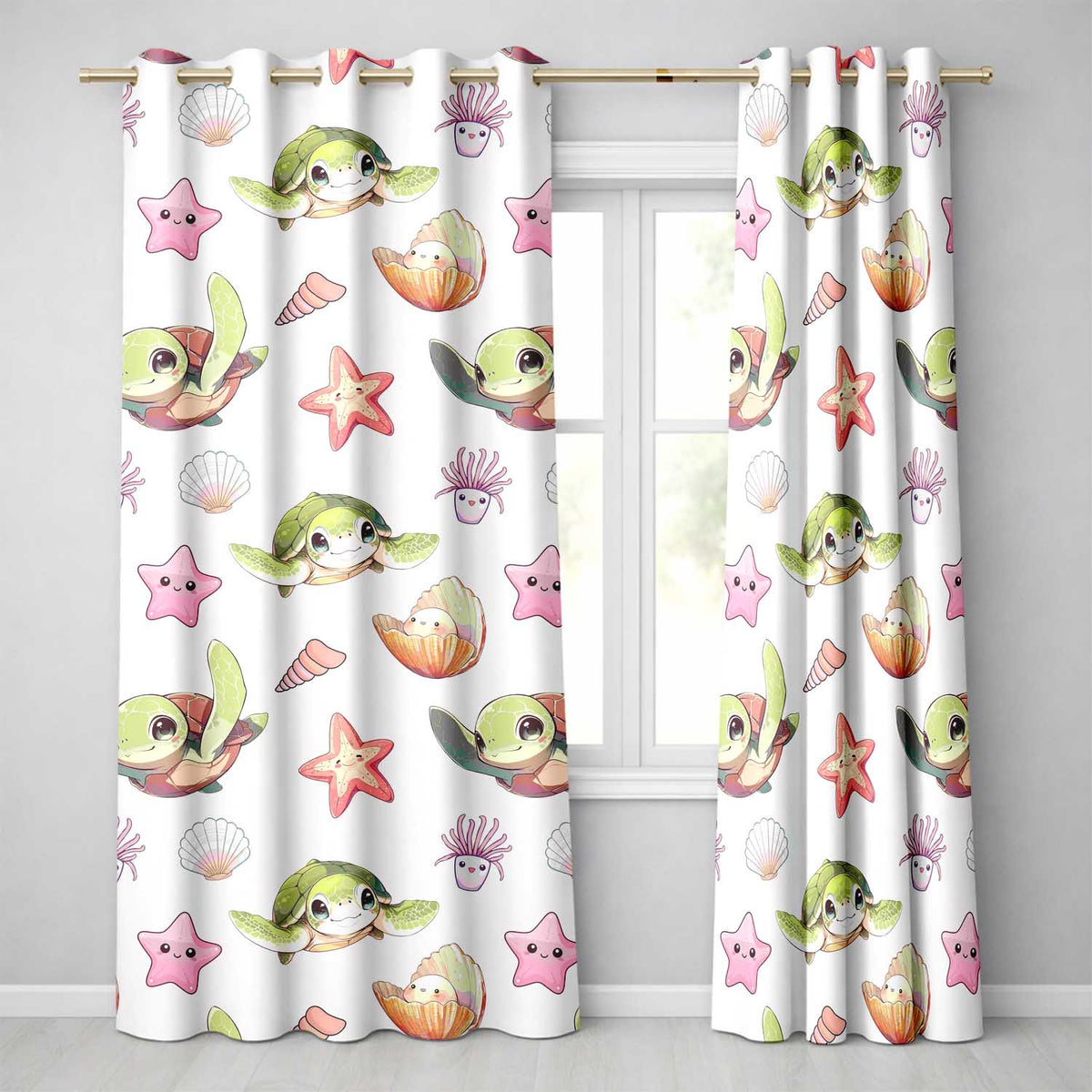 Cute Kawaii Sea Turtle Starfish Shells Ocean Friends Light Grey Background   Readymade Eyelet Ring Top Thermal 100% Blackout Curtains