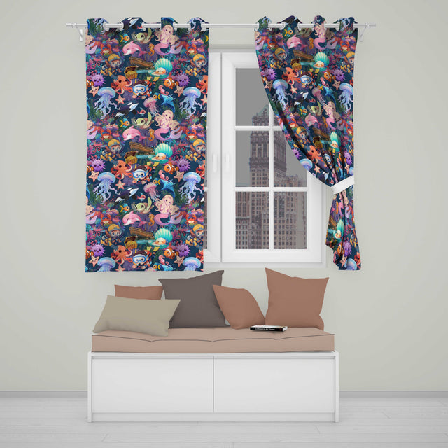 Cute Underwater Ocean Scene Mermaid Dolphin Turtle Treasure Dark  Pattern  Readymade Eyelet Ring Top Thermal 100% Blackout Curtains