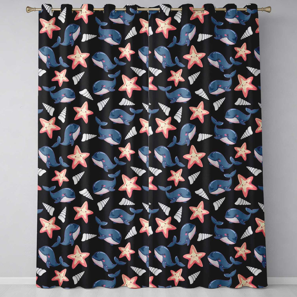 Cute Kawaii Whale Starfish Seashell Ocean Animals Black Background  Pattern  Readymade Eyelet Ring Top Thermal 100% Blackout Curtains