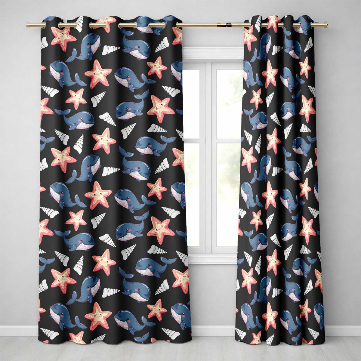 Cute Kawaii Whale Starfish Seashell Ocean Animals Black Background  Pattern  Readymade Eyelet Ring Top Thermal 100% Blackout Curtains