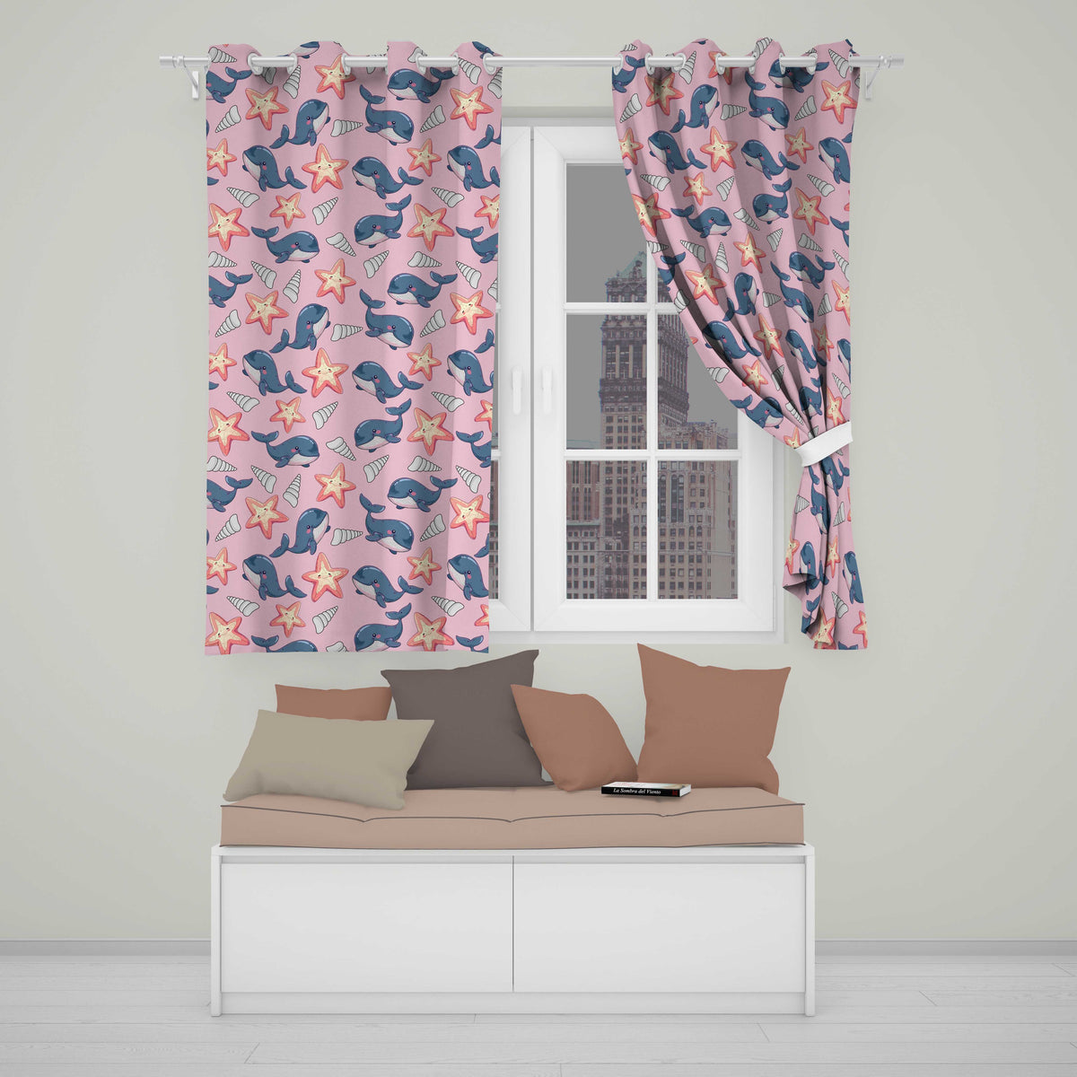 Cute Kawaii Whale Starfish Seashell Ocean Animals Rose Background  Pattern  Readymade Eyelet Ring Top Thermal 100% Blackout Curtains