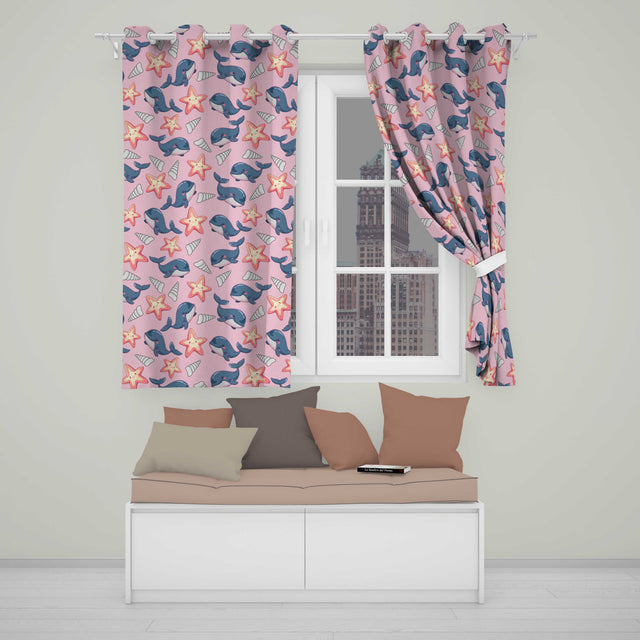 Cute Kawaii Whale Starfish Seashell Ocean Animals Rose Background  Pattern  Readymade Eyelet Ring Top Thermal 100% Blackout Curtains