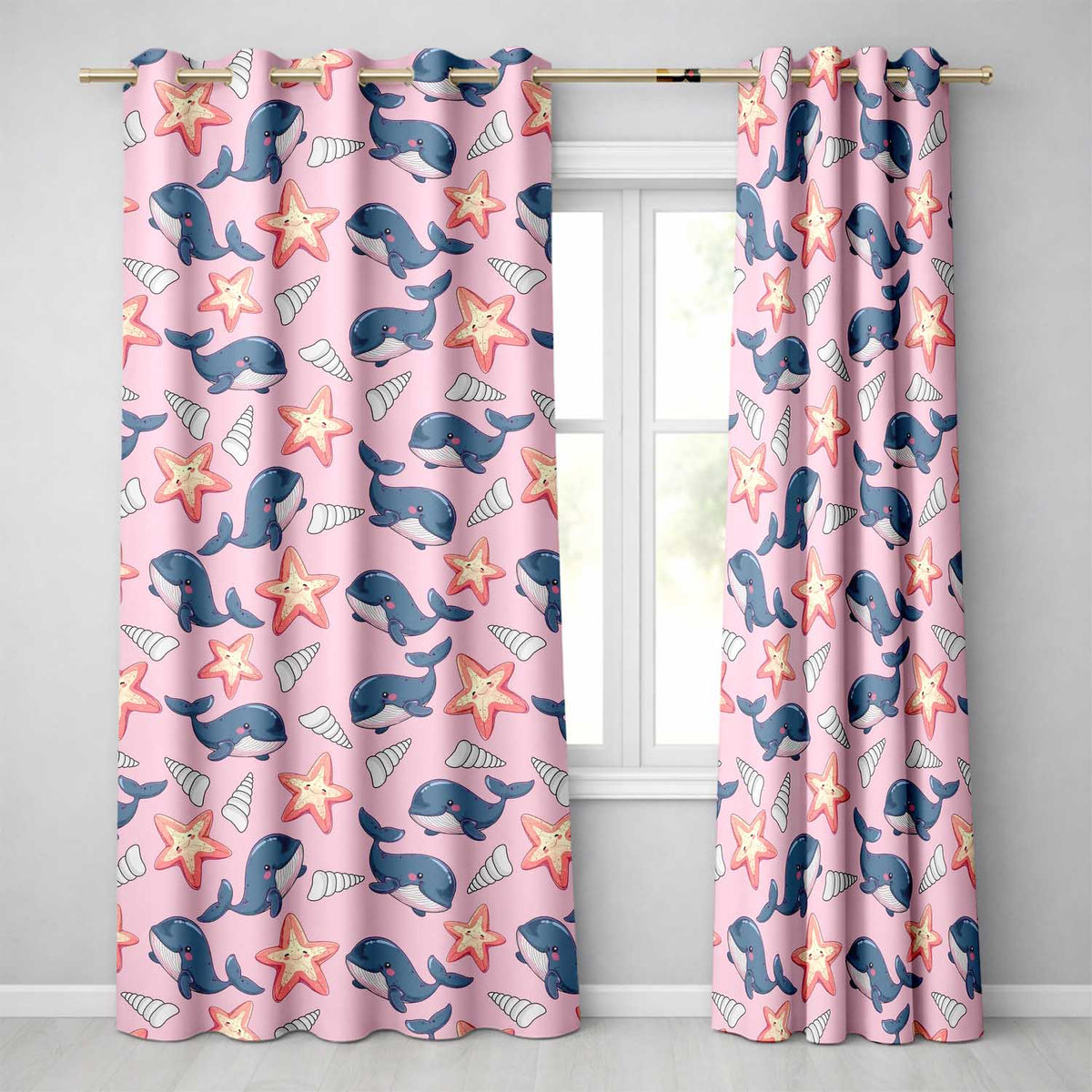 Cute Kawaii Whale Starfish Seashell Ocean Animals Rose Background  Pattern  Readymade Eyelet Ring Top Thermal 100% Blackout Curtains