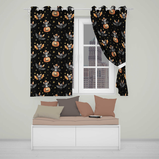 Cute Halloween Bats Sitting on Pumpkins with Stars Black Background  Pattern  Readymade Eyelet Ring Top Thermal 100% Blackout Curtains