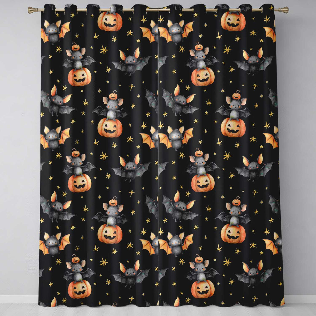 Cute Halloween Bats Sitting on Pumpkins with Stars Black Background  Pattern  Readymade Eyelet Ring Top Thermal 100% Blackout Curtains