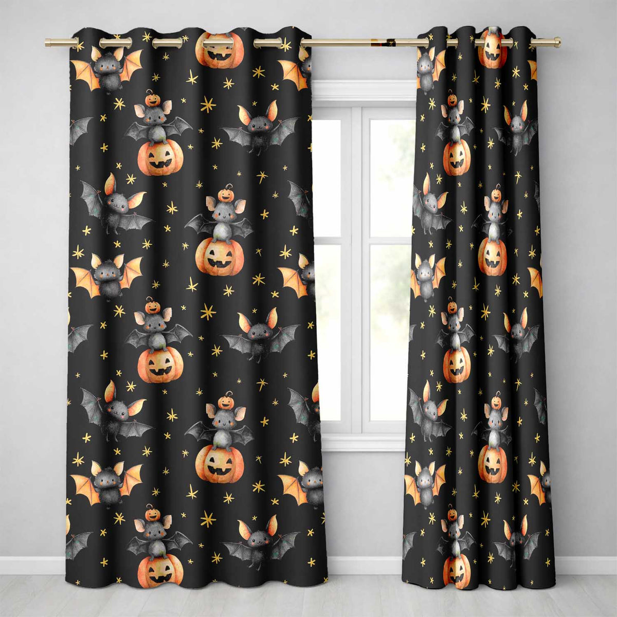 Cute Halloween Bats Sitting on Pumpkins with Stars Black Background  Pattern  Readymade Eyelet Ring Top Thermal 100% Blackout Curtains