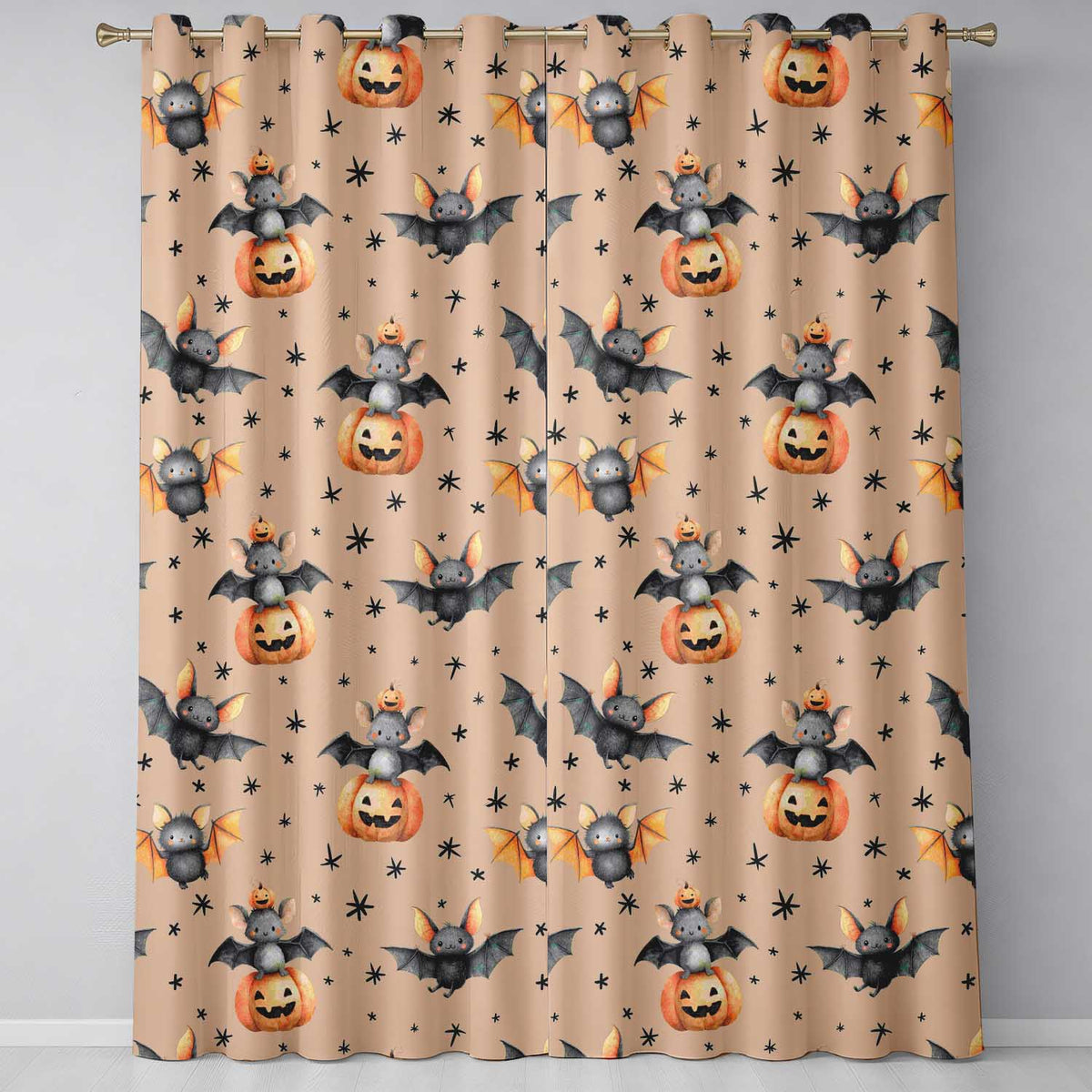 Cute Halloween Bats Sitting on Pumpkins with Stars Beige Background  Pattern  Readymade Eyelet Ring Top Thermal 100% Blackout Curtains