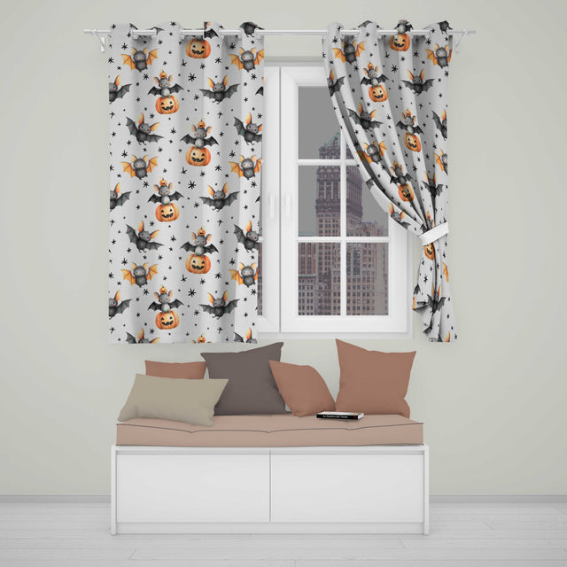 Cute Halloween Bats Sitting on Pumpkins with Stars Beige Background  Pattern  Readymade Eyelet Ring Top Thermal 100% Blackout Curtains